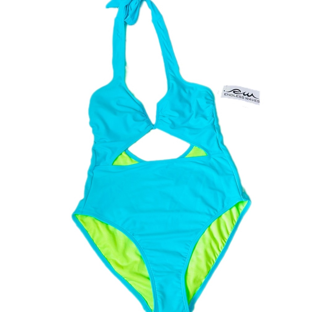 Neon Blue & Green One Piece Swimsuit w/ Cut Outs - Size M - NWT